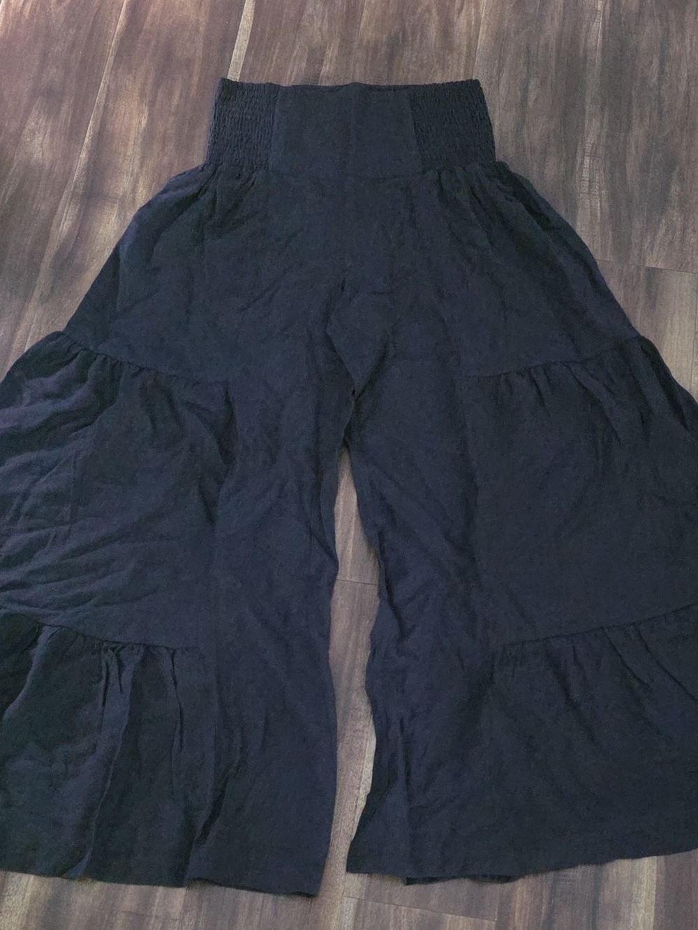 Southern Stitch Smocked-Waist Black Wide-Leg Tiered Palazzo Pants